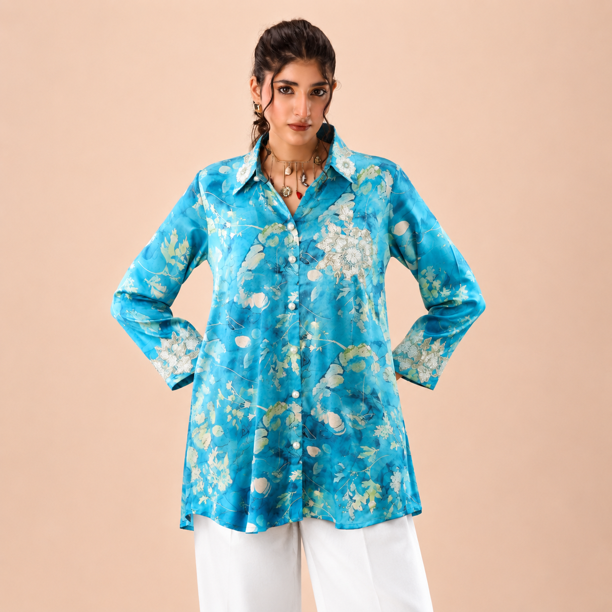 Sky Blue Floral Printed Shirt with Embroidered Accents